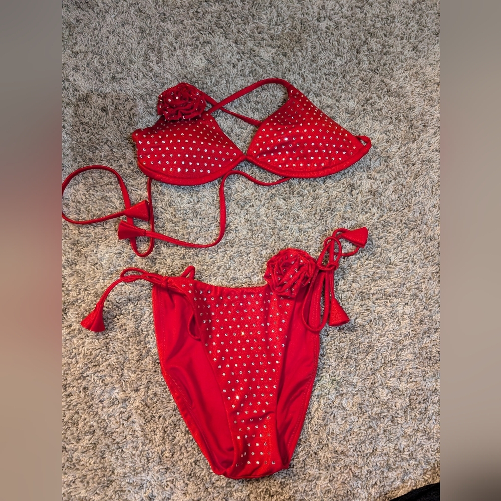 Red Rose And Embellished Bikini Nwt